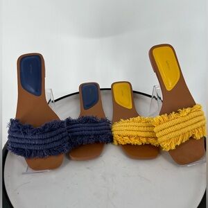 TWO PAIR OF LEFTIES SUMMER FLATS IN LEMON & BEAUTIFUL BLUE, SLIP ON FUN SANDALS